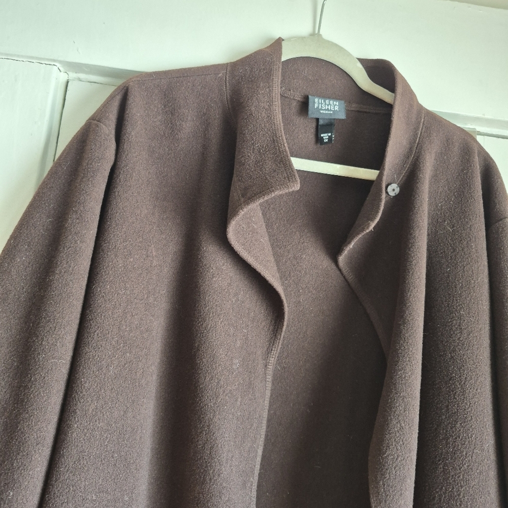 Eileen Fisher Dark Brown Mock Neck knee-length, relaxed fit wool coat, 1X - Picture 7 of 14